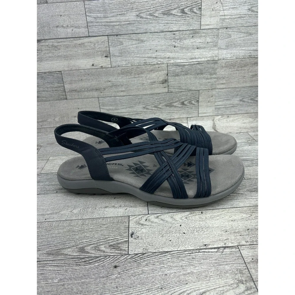 Skechers Reggae Slim Vacay Navy Blue Strappy Memory Foam Sandals Women Sz 8